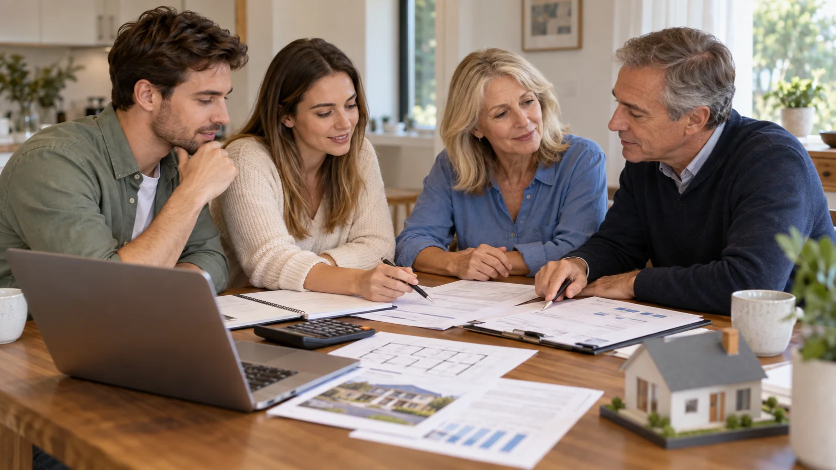 Famille réunie autour de documents immobiliers et d’une calculatrice pour planifier l’achat d’une maison