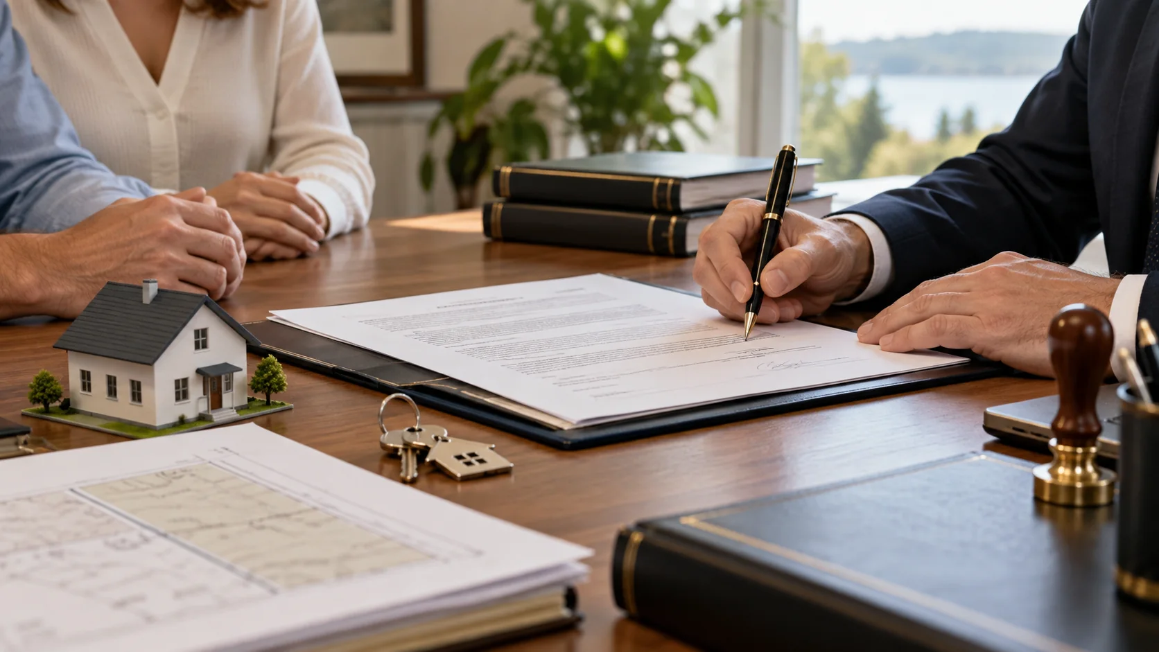 Signature de documents immobiliers chez un professionnel avec maquette de maison et clés