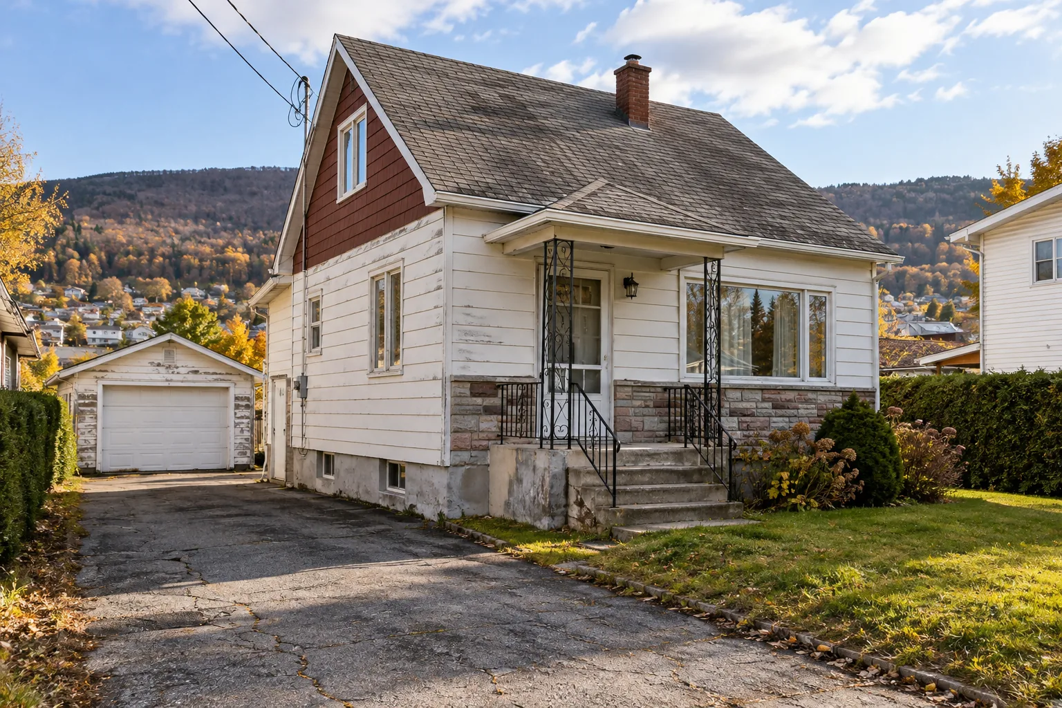 Illustration d'une maison ancienne à rénover avec garage indépendant et revêtement extérieur vieillissant