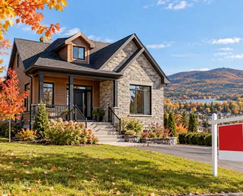 Illustration d'une maison résidentielle dans un paysage vallonné d'automne, pour le guide d'achat à Thetford Mines