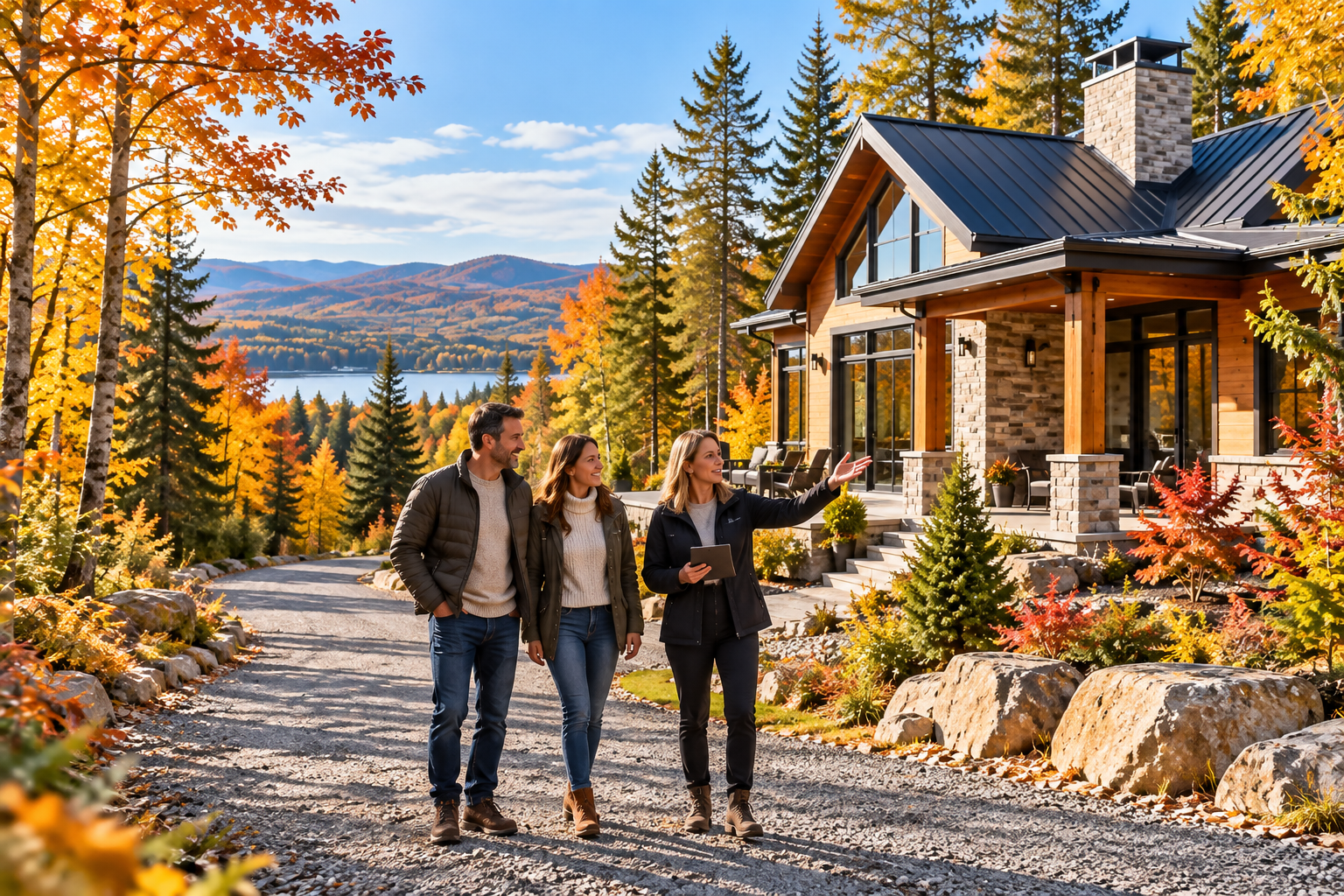 Couple et courtière visitant une maison forestière et son terrain au Québec