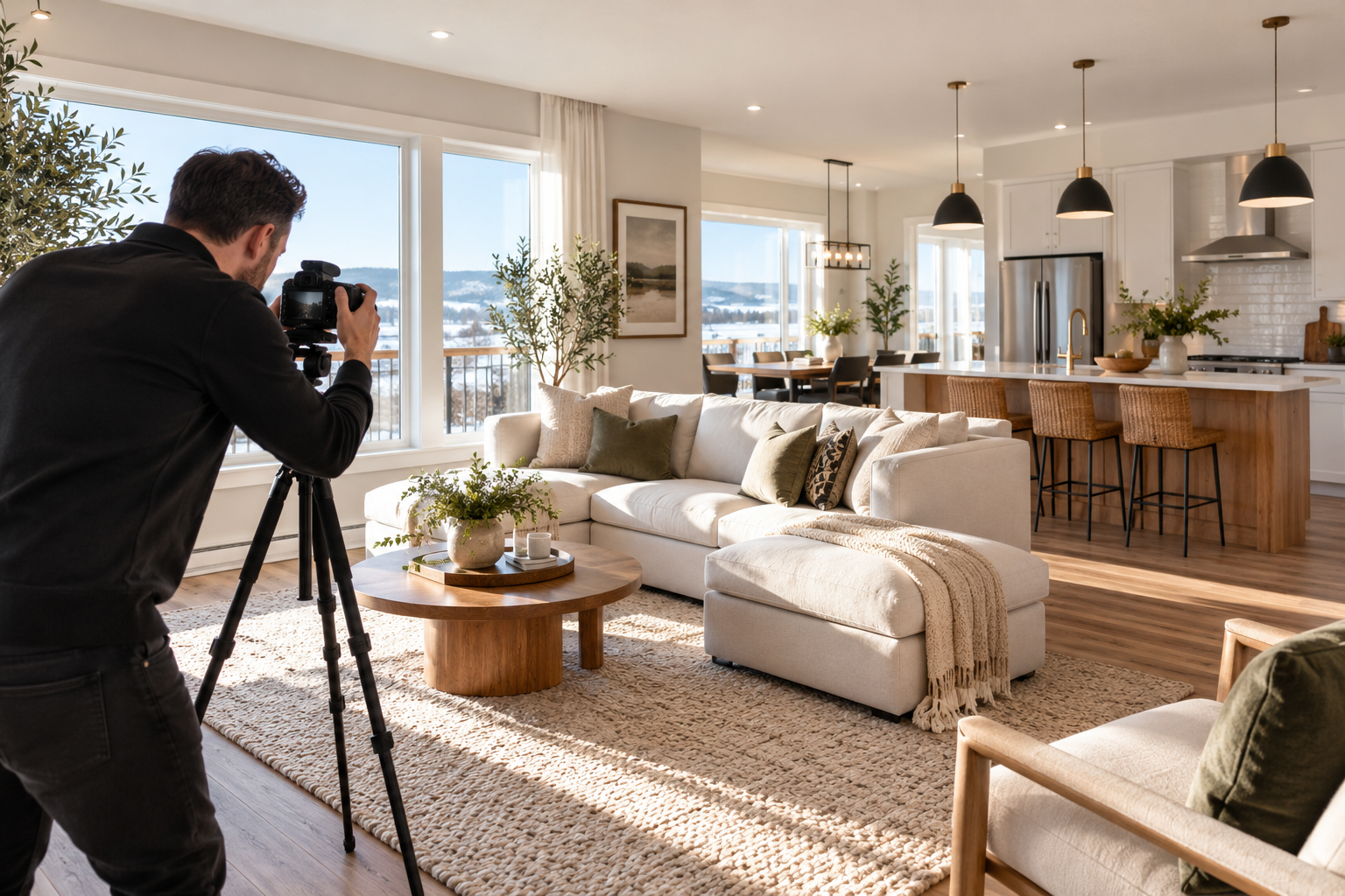Photographe réalisant des photos professionnelles d’une maison pour sa mise en marché en Chaudière-Appalaches