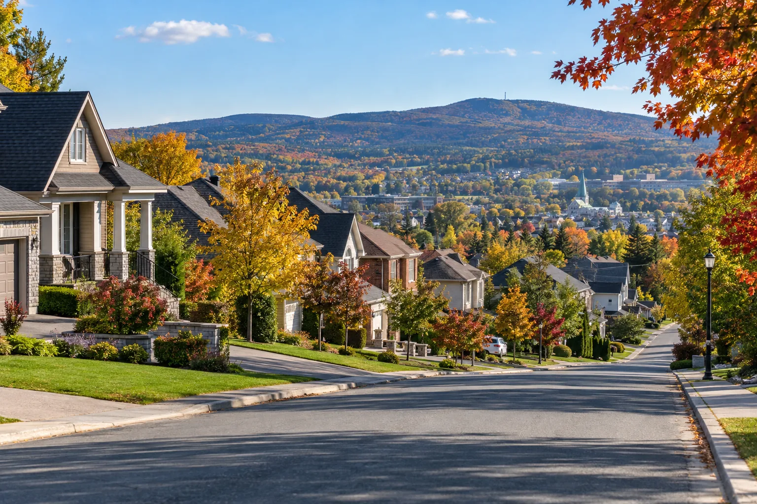 Illustration d'un quartier résidentiel vallonné aux couleurs d'automne pour comparer les secteurs de Thetford Mines