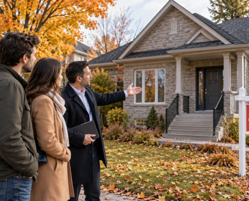 Acheteurs et courtier visitant une maison à vendre en reprise de finance au Québec