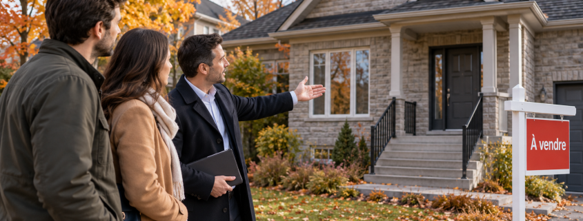 Acheteurs et courtier visitant une maison à vendre en reprise de finance au Québec