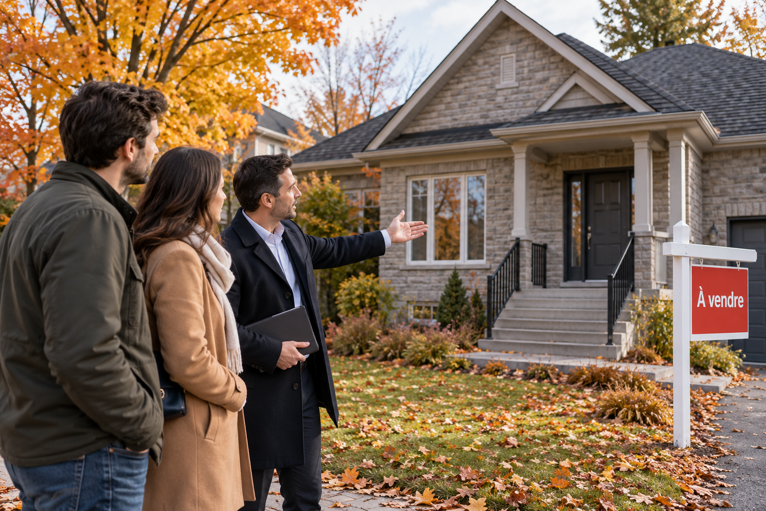 Maison en reprise de finance au Québec visitée par des acheteurs accompagnés d'un courtier immobilier