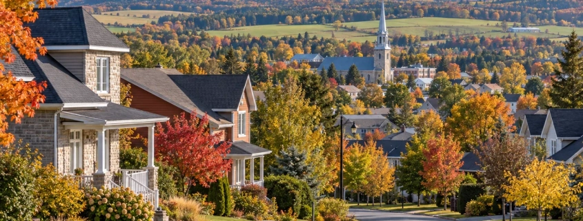 Vue d’un quartier résidentiel québécois en automne avec village en arrière-plan