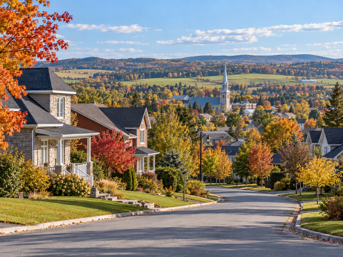 Vue d’un quartier résidentiel québécois en automne avec village en arrière-plan