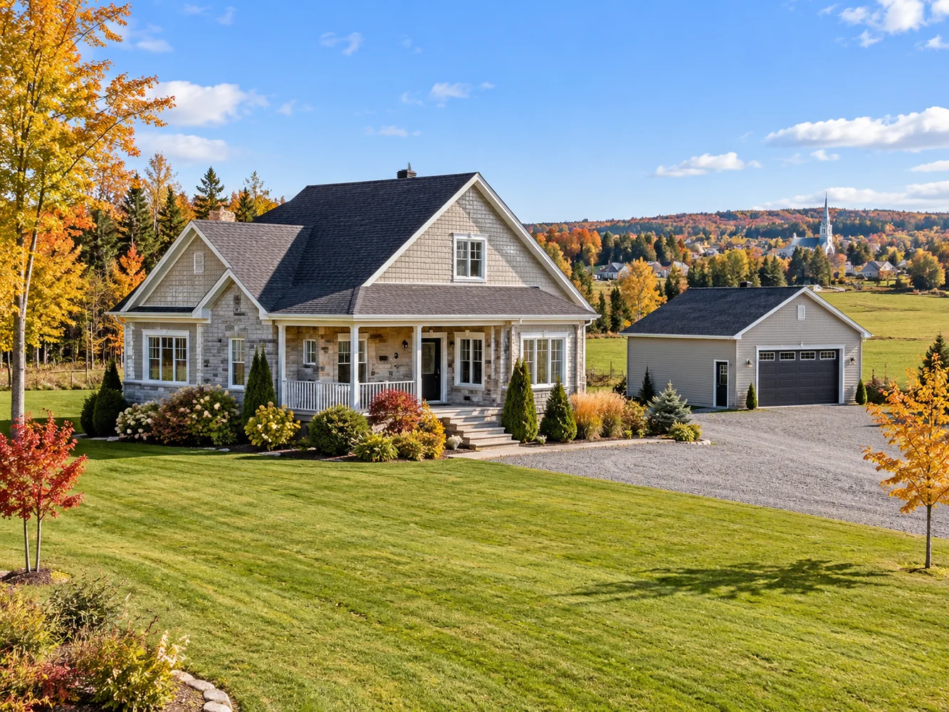Maison unifamiliale avec grand terrain paysager et garage détaché