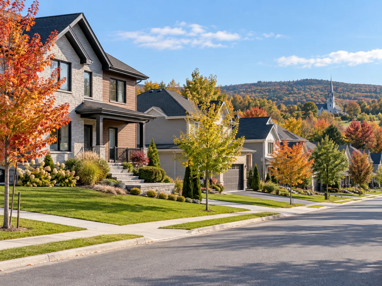Rue résidentielle avec maisons unifamiliales et arbres aux couleurs d’automne