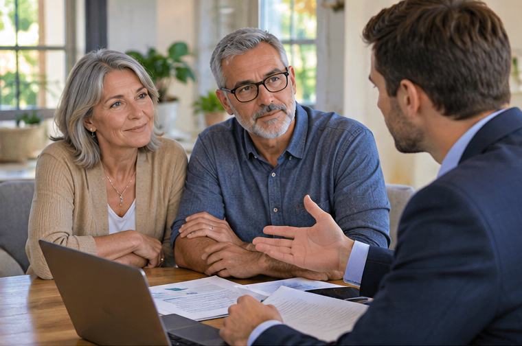 Conseiller immobilier et héritiers discutant de la vente d'une maison
