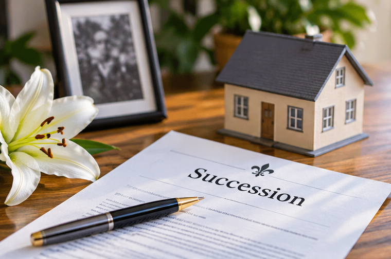 Documents et maison illustrant la vente d'une maison en succession au Québec